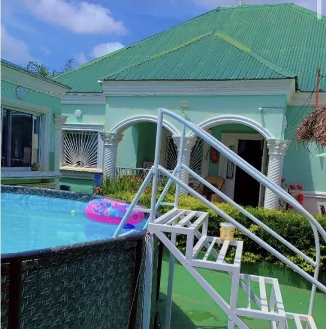 Poolside ladder with the villa behind
